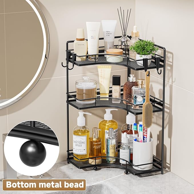 VITVITI 3 Tier Corner Bathroom Counter Organizer, Bathroom Countertop Organizer Storage for Sink, Metal Mesh Makeup Organizer for Vanity Countertop Kitchen with Hooks, Black