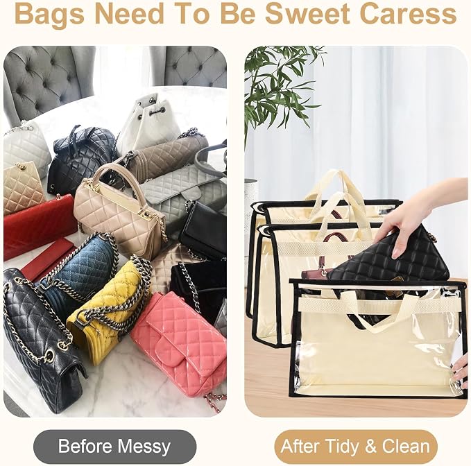 Dust Bags for Handbags,6 Pack Clear Handbag Storage Organizer,Purse Storage Bag with Zipper and Handle,Handbag Dust Bags for Closet Hanging Storage (6pcs M)