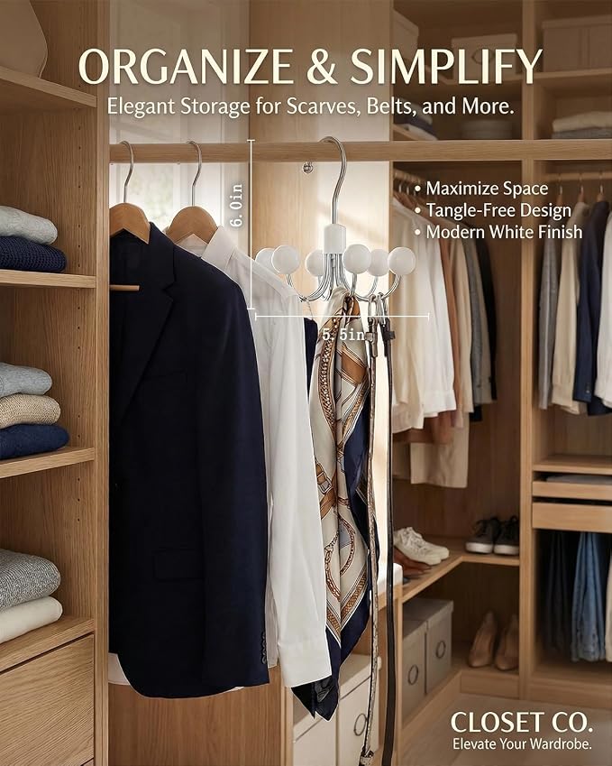 2 Pack Hoodie Hangers 360° Swivel Hooks with Wood Balls for Storage, White | Hanging Closet Hat Purse Tanktop Handbag Necklace Organizer Bra Hanger and Storage Save Space