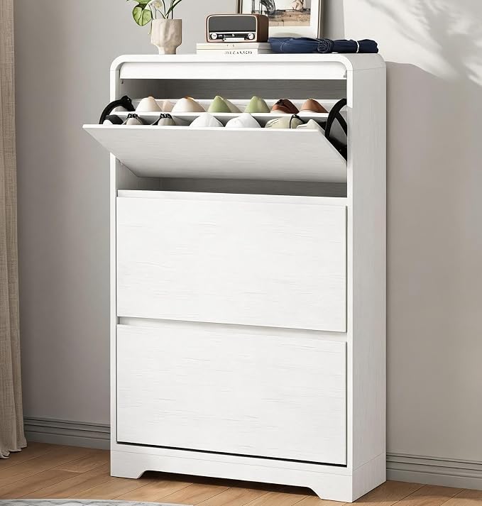 Garvee Hidden Shoe Cabinet, White | 3 Flip Drawers, Freestanding, For Entryway, Hallway, Foyer, Modern Design, Small Space
