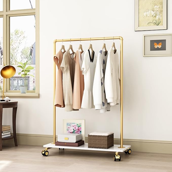 Gold Metal Clothing Rack with Wood Shelf, Heavy Duty Rolling Garment Rack with Wheels for Bedroom Retail Boutique Use (37.4L inches)