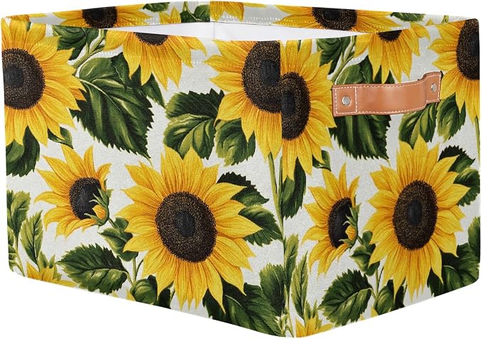 Rectangle Storage Baskets for Shelves, Bright Sunflower Print Storage Cube Organizer Bins Collapsible Toy Basket for Nursery Home Room