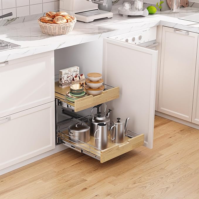 Sikarou Pull Out Cabinet Organizer,Heavy-Duty Slide Out Shelf, Wood and Wire Basket, Pull Out Drawer for for Kitchen Under Sink Space, Pantry, Bathroom, 2 Tie 14 * 21 in