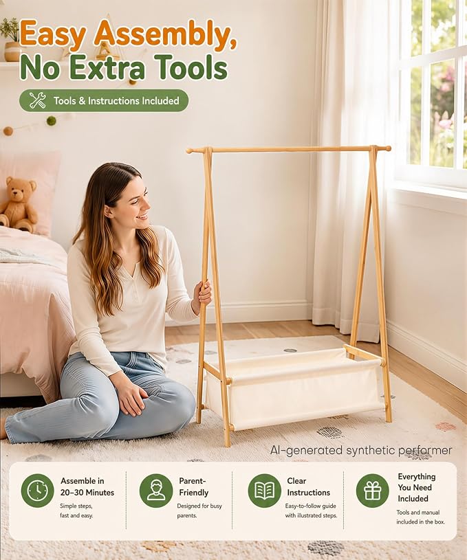 Homde Sturdy Kids Clothes Rack: 66 lb Capacity for Growing Wardrobe Needs | Hanging Rod Holds Clothes, Basket Stores Items Below - Helps Kids Build Tidy Habits - Angled Bamboo Side Frames Add Stability