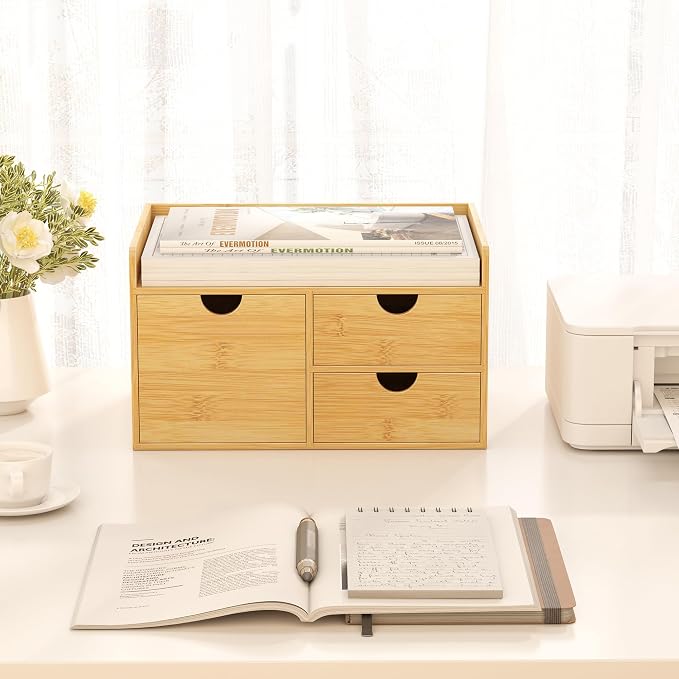 Bamboo Desk Organizer with Drawers, Desktop Storage for Office Supplies | 3 Drawers Desktop organizer, No Assembly Required, Natural Wood Wooden Desktop Drawers Box for Bills, Cosmetics, Seals, Paper