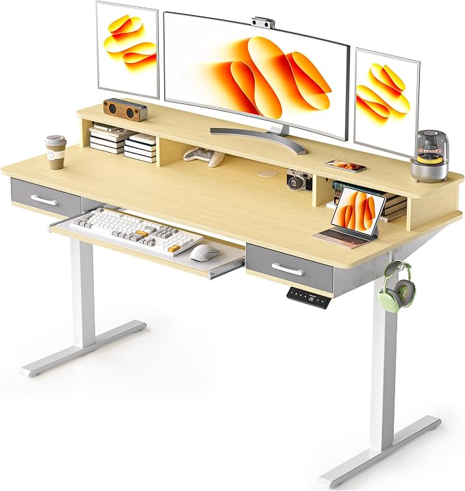WALKINGDESK 63 Inches Electric Standing Desk with Keyboard Tray, Height Adjustable Sit to Stand Table with 2 Drawers, Ergonomic Home Office Desk with Storage Shelf, Computer Table, Oak