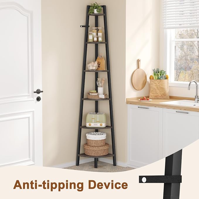 Hoctieon Corner Shelf, 6-Tier Corner Bookshelf, Rustic Ladder Shelf, Industrial Display Stand for Living Room, Kitchen, Home Office, Balcony, Small Space, Metal Frame, Grey