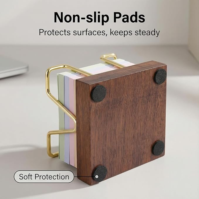 Wood Sticky Note Holder, 3 x 3 inch Self-Stick Note Memo Pad Holder for Desk, Notepad Dispenser for School Office, Gold