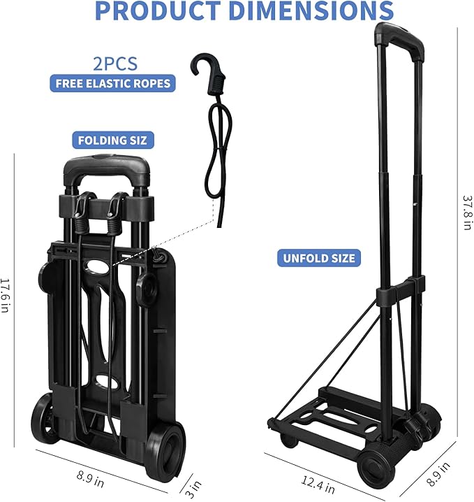 Folding Hand Truck Lightweight Portable Cart,VDHU 2 Wheels Fold Up Hand Cart with Elastic Ropes,Compact Utility Cart with 40kg/90lbs Heavy Duty 2 Wheels for Moving Travel Shopping Office Luggage Use