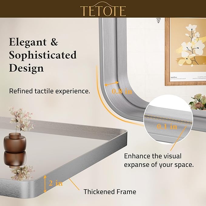 TETOTE 48 x 24 Inch Brushed Silver Frame Mirror, Bathroom Vanity Mirror for Wall, Modern Rectangle Round Corner Matte Framed Mirror (Horizontal/Vertical)
