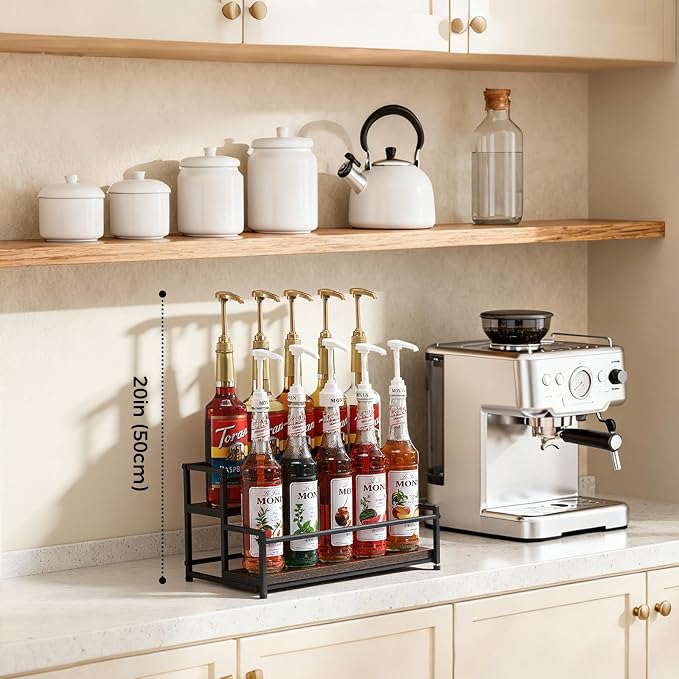 Coffee Syrup Rack Organizer, 2 Tier 10 Bottles Holder Stand for Bar | Coffee Syrup Liquor Bottle Display Shelf Bar Shelf Stand Countertop Rack for Syrup, Wine, Spice