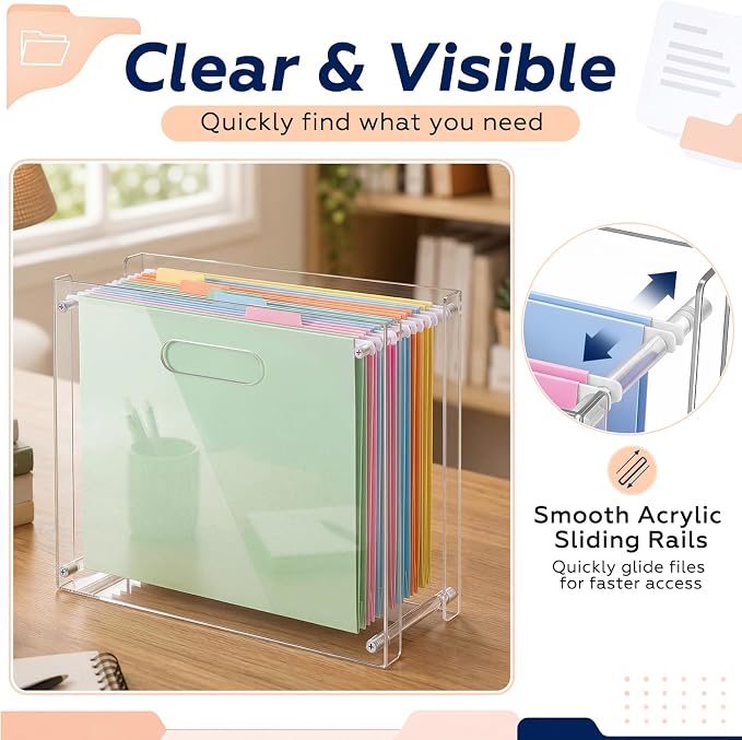 SiliFine Clear Acrylic Hanging File Organizer Box with Handles, 13.6 x 10.4 x 5.1 Inches Narrow Desktop Document Holder for Letter A4 Size, Paper Storage Rack for Desk Office Home