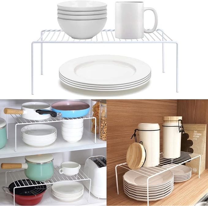 Kitchen Cabinet Shelf Organizer Set of 3, Large (15.7 x 9.4 inch) Metal Wire Pantry Storage Shelves, Dish Plate Racks for Cabinets, Freezer, Counter, Cupboard Organizers and Storage, White