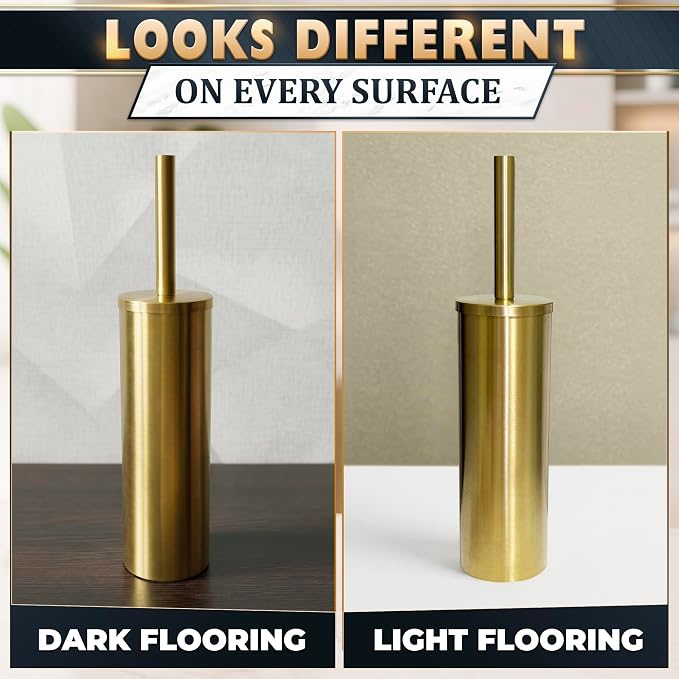 Gold Toilet Brush and Holder Set - Brushed Stainless Steel Gold Toilet Bowl Brush and Holder with Replaceable Head, Removable Inner Bowl, and Splash Protection - Dense Bristles for Thorough Cleaning