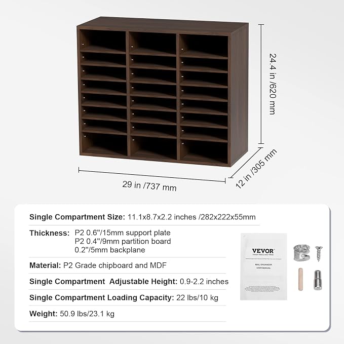VEVOR 24 Compartments Office Mailbox, Adjustable Shelves, Wood Literature Sorter 29x12x24.4 inches – Ideal for Office, Home, Classroom, Mailrooms Organization – EPA Certified (Brown)