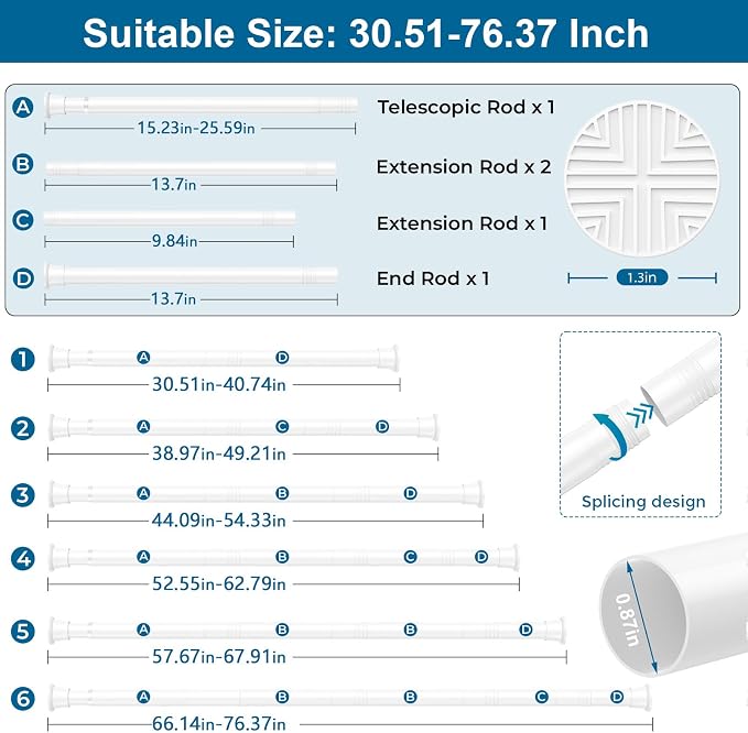 2Pcs Tension Curtain Rod, 31-76in White No Drill Shower Curtain Rods | High Carbon Steel, 7/8inch Spring Rod Diameter, Adjustable Length for Bedroom, Doorway, Closet, Kitchen,Bathroom