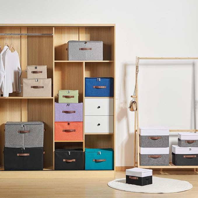 Storage Boxes with Zipper Lid Cotton Linen Fabric Lidded Storage Bins Baskets Foldable Washable Closet Shelf Clothes Organizer Container Faux Leather Handles (Gray White, Small)