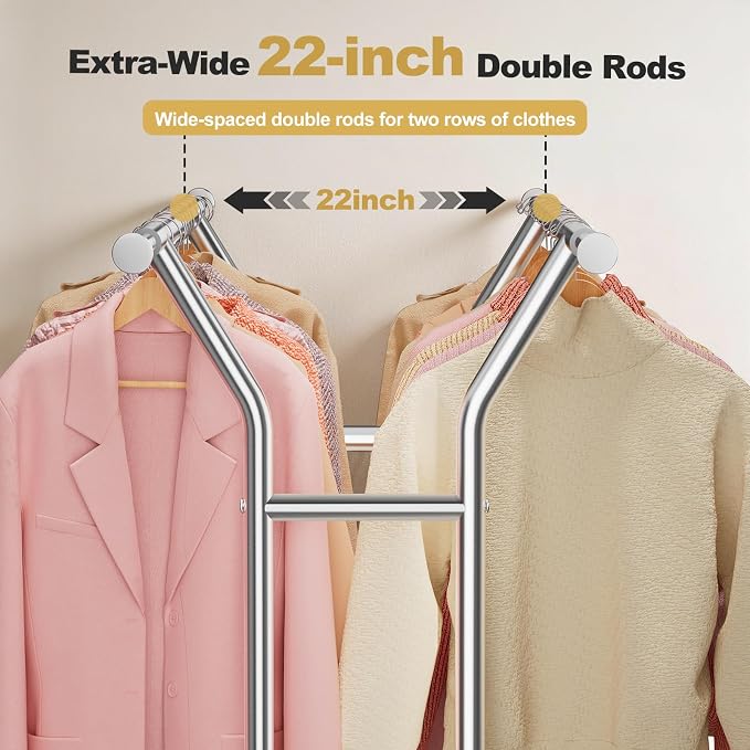 Heavy Duty Rolling Garment Rack, Double Rod Clothing Organizer, Silver | Supports up to 500 lbs, extendable double hanging rod, lockable wheels, storage shelves for bedroom, laundry, and living room