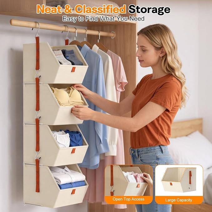 7 Tier Hanging Closet Organizer, Collapsible Fabric Hanging Shelves for Closet with Detachable Bins Space-Saving Hanging Clothes Organizer for Wardrobe, Laundry Room, Dorm, Rv, Beige