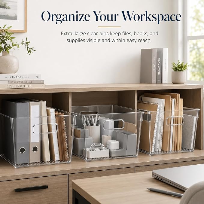 MOONEDGE 6 Pack X-Large Clear Organizer Bins 13x10x8in Storage Containers | Clear Containers for Organizing, Fridge Organizers and Storage, Freezer, Refrigerator, Office Supplies, Craft Room, Laundry