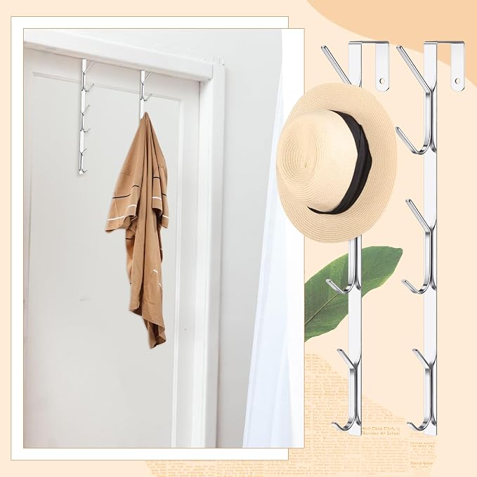 Tandefio 2 Pack 13.8" Over The Door Hook Hanger Comes with 6 Hooks from Large to Small Metal Extra Long Over The Door Hooks Hanger for Hats Rack Coat Scarf Purse Bags Scarf Keys and More (Silver)