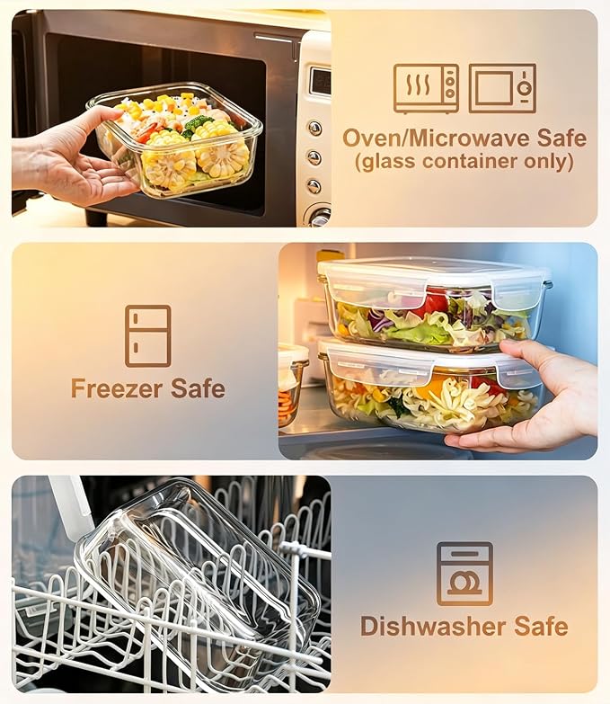 2 Pack 63oz Large Glass Food Storage Containers with Lids, Leak-Proof & Airtight Meal Prep Food Container Set for Family Meal, Leftovers, Baking, Microwave, Oven, Freezer & Dishwasher Safe