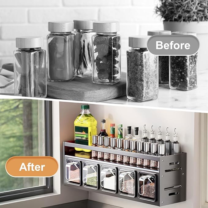 Kitchen Spice Rack, Kitchen Organizer and Storage Rack with 5 Spoons, Spice Organization for Cabinets Punch-free Wall/Countertop Home Decor Multifunctional Double Layer 5 Grid Condiment Rack, Gray