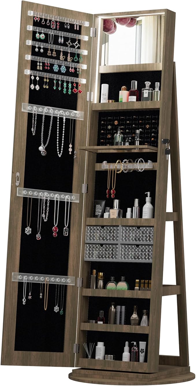 62" 360° Swivel Freestanding Storage Chest, Jewelry Cabinets with Interior Light, Utility Organizer with Lockable Design for Home Dressing, Antique brown