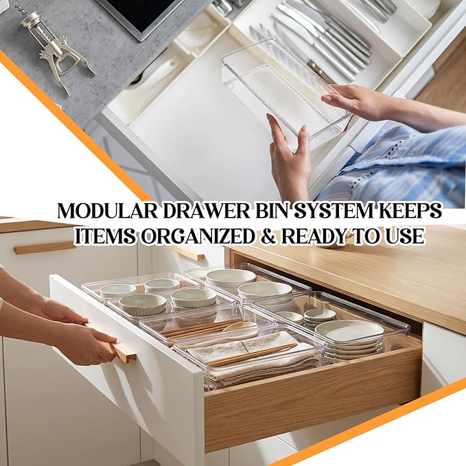 Maitys 12 Pcs Clear Drawer Organizer 9 x 6 x 2 Inches Plastic Rectangle Trays Makeup Vanity Storage Bins and Kitchen Drawers Dividers for Office Desk Silverware Kitchen Utensils