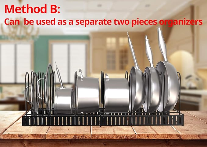 Vdomus Expandable Rack for Cabinets | Adjustable Black Pot Rack | 4 DIY Storage Positions | Holds up to 14 Pans, Pots, or Lids | Durable Iron Pot Stacker | Kitchen Organization | 8.5X 31x11.5