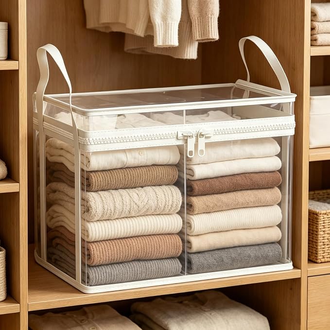 Large Clear Thick Plastic Storage Box with Hinged Lid, Heavy-Duty Durable High Capacity Organizer, Foldable Storage Box,Perfect for Home, Camping, Travel, Attic & Moving (White-L-2)