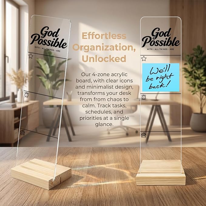 Sticky Note Holder, Monitor Memo Board, Sticky Note Board for Desk, Acrylic Desk Buddy with Wooden Base, Includes 200 Notes, Religious “with God All Things are Possible”