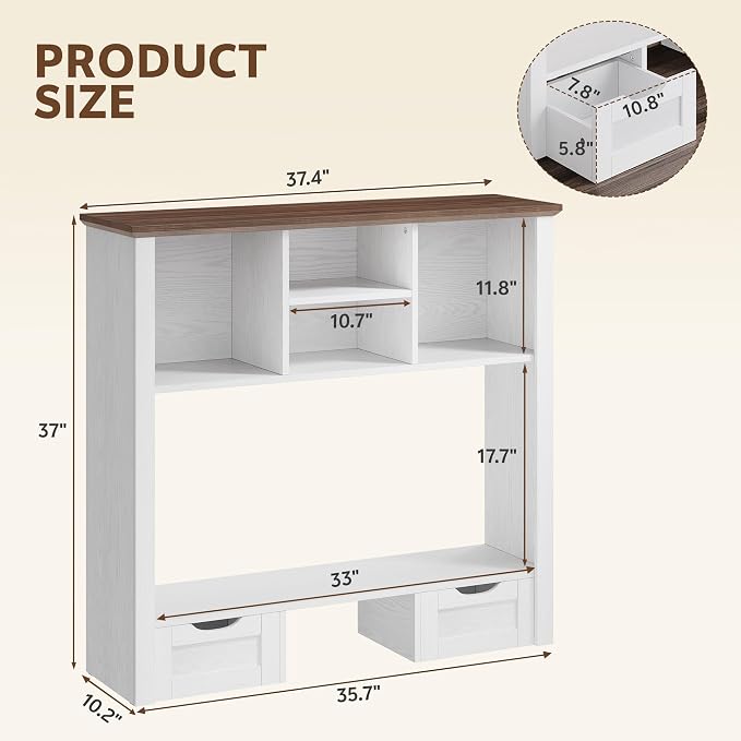 Desk Shelf with Computer Monitor Stand, 37.4''W Desktop Bookshelf Display Rack, Desktop Organizer Storage Rack with Cubbies & Drawers, 5-Tier Hutch for Home, Office, Dorm, Vanity, White&Brown