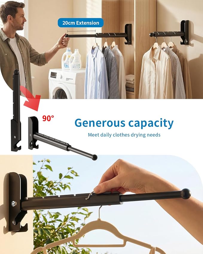 BaiNong Pull Out Wall Mounted Clothes Drying Rack Black 13" Foldable 2 Pack | Laundry and Drying Solutions for Small Spaces Easy to Install
