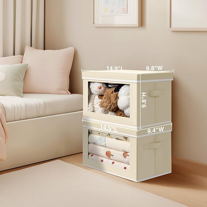 Homsorout Storage Boxes with Lids - 3 Pack Fabric Clear Window Storage Bins, Collapsible Storage Bins with Lids, Linen Closet Organizer for Clothes, Towel, Blanket, Beige