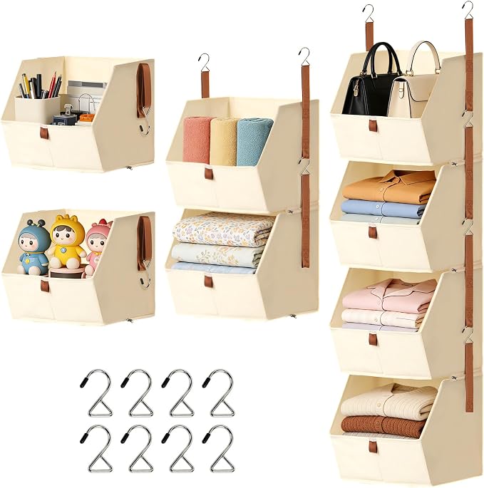 4 Tier Hanging Closet Organizer,Stackable Hanging Clothes Shelves,Space-Saving Closet System with Metal Hook,Fabric Collapsible Storage Baskets for Rv,Home,Homestay,Dorm(Beige)