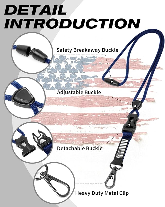 LIUGX Badge Holder with Breakaway Lanyard, Carbon Fiber-Texture, 6 Cards | American Flag, Quick Release Detachable Buckle, Metal Clip, Heavy Duty ID Card Holder, for Work, Office, All Blue