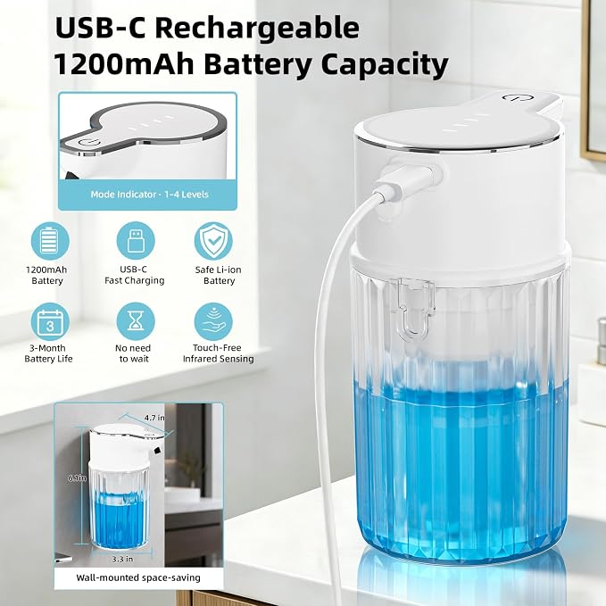 Automatic Foam Soap Dispenser Touchless, 12oz Rechargeable Soap Dispenser with 4 Adjustable Levels, Auto Hand Soap Dispenser for Kitchen, Bathroom Countertop, Wall Mounted, IPX5 Waterproof