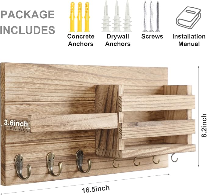 Lwenki Mail Organizer for Wall Mount – Key Holder with Shelf Includes Letter Holder and Hooks for Coats, Dog Leashes – Rustic Wood with Flush Mounting Hardware (16.5” x 8.7” x 3.5”) (Wood)