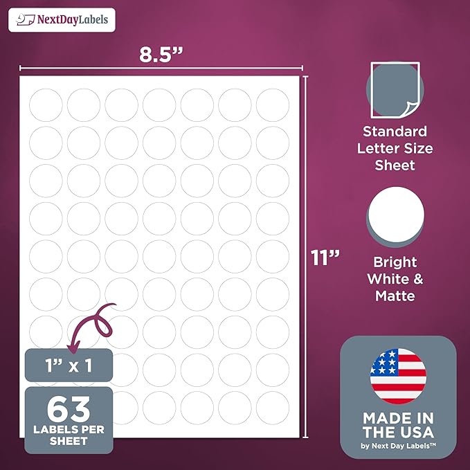 NextDayLabels - Laser/Ink Jet White Labels (1" Round - 63 Per Page | 1575 Labels)