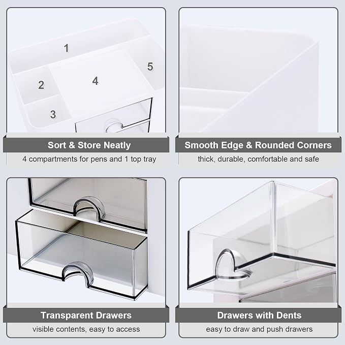 Meiikun Plastic Pen Organizer, Multifunctional Desk Organizer with 2 Drawers, 4 Compartments & a Top Tray, Pencil Holder Desktop Organizers and Accessories for Office, 7.7" x 5.5" x 3.9" (White)