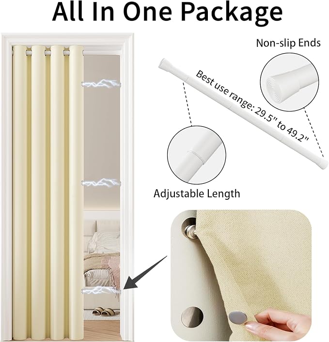 Vatge Magnetic Door Curtain with Rod - W52 x L78, 1 Panel, Light Beige | Door Curtain for Doorways, Room Divider for Laundry