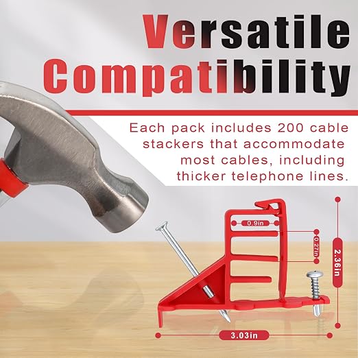 200 Pack Multi-Cable Staples with Steel Nails, Red Electrical Wire Stackers | Cable Stacker Clips for Organizing Multiple Electrical Wires NM Cable Coaxial and Data Lines on Wood Framing for Neat Routing