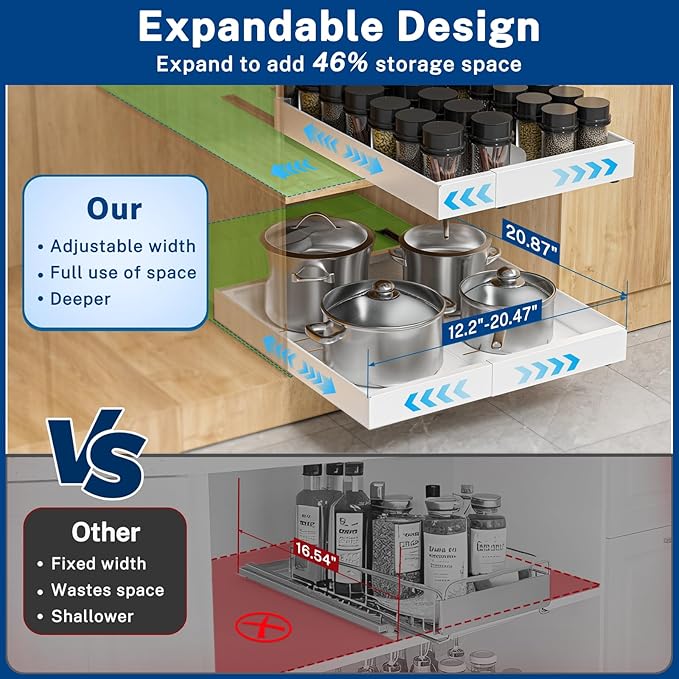 2 Pack Pull Out Cabinet Organizer Expandable Width(12.2"-20.47") & 21"Deep, Insputer No Drill Adhesive Slide Out Drawers with Upgrade 3 Slide Rails, Magnetic Panel, Roll Out Shelf for Kitchen, Pantry