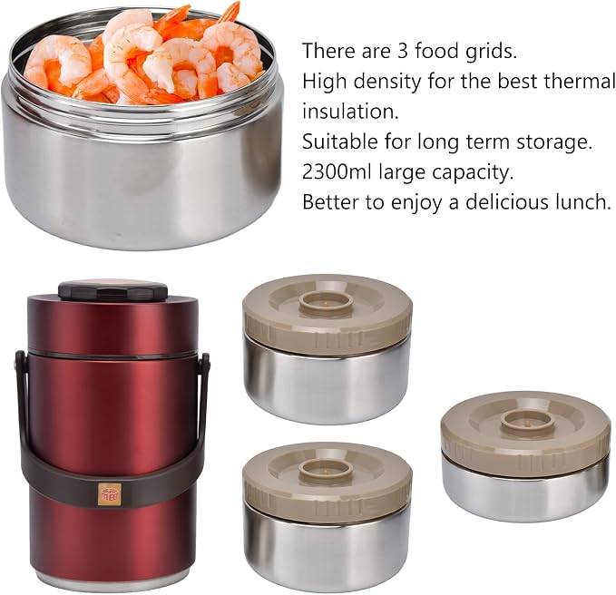 Qiilu Food Flask 2L Termos Para Comida Caliente 24 Horas 304 Stainless Steel 2.3L Vacuum Lunch Box 3 Layers Prevent Leakage Insulated Container For Work Travel (Red)