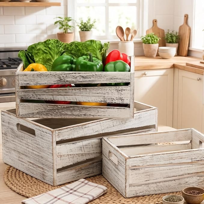 AVLA 3 Pack Wooden Storage Crates, Rustic Nesting Container Bin with Handles, Decorative Farmhouse Wood Basket, Vintage Wood Box Display Risers for Home, Kitchen Pantry Cabinet, Shelf, Counter