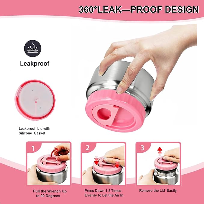 Vacuum Insulated Food Container for Hot & Cold Food, Easy to Open No Twisting Lid, BPA-free，Leak Proof (Pink)