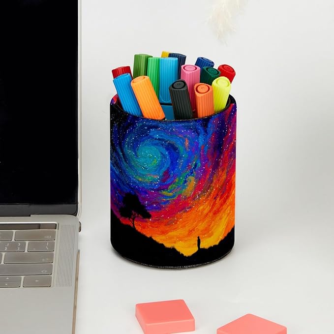 Blue and Red Abstract Sky Pen Holder Pencil Organizer for Desk, 3.1” x 3.1” x 3.9” Pencil Cup Office Supplies, Large Capacity Cute Pen and Makeup Brush Holder for Home, School, Desktop