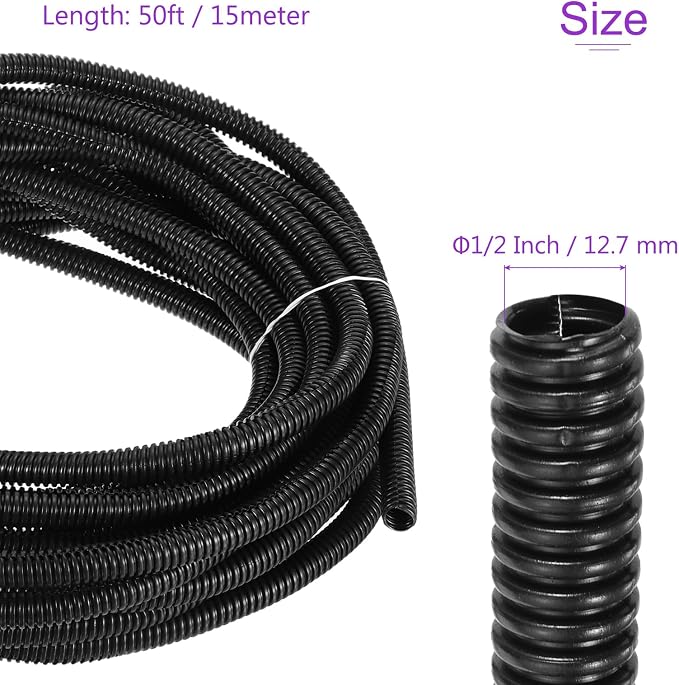 DMiotech 50ft Wire Loom Split Tubing 1/2 Inch(12.7 Mm) ID, Cord Protectors from Pet Flexible Conduit Cable Management for Office, Home, Garden, Black