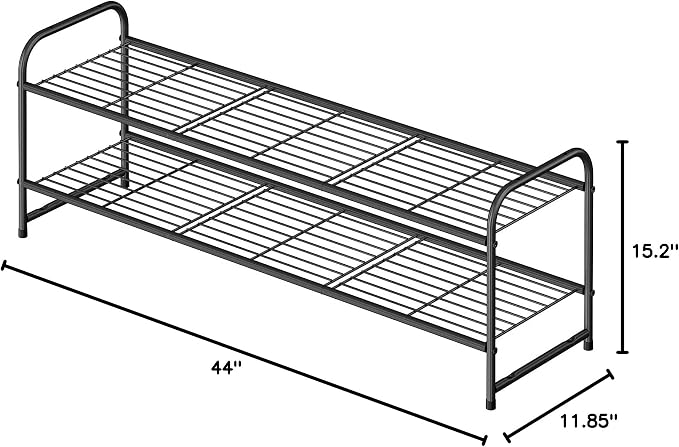2 Tier Shoe Rack for Closet, 44 Inch Extra Wide Shoe Storage Organizer for Shelves, Heavy Duty Metal, Easy Assembly, Black
